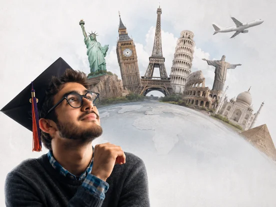 Student with a graduation cap dreaming of studying abroad, surrounded by iconic global landmarks
